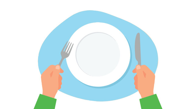 Flat vector illustration showing hands holding a silver fork and knife beside an empty plate