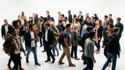 Obraz premium A large group of people walk together in a crowded indoor setting with diverse individuals and business casual attire.