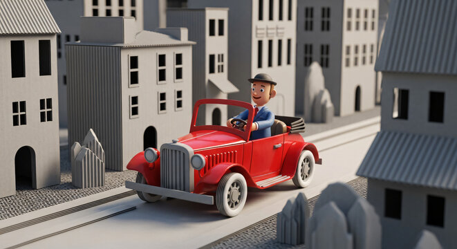 3D Cartoon Man Driving Red Vintage Car in Cardboard Miniature City