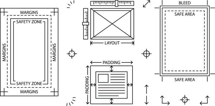 Page layout specifications and prepress printing guide line icon set with bleed margins and padding