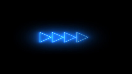Fototapeta premium Four blue glowing neon triangle arrow outlines on black background with triangle direction navigation movement sequence isolated