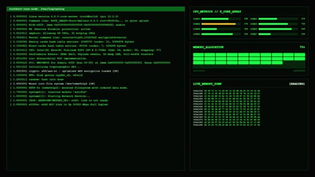 Linux Kernel Boot Sequence Syslog CPU Metrics Memory Dump SSH System Server Terminal Animation Dashboard.