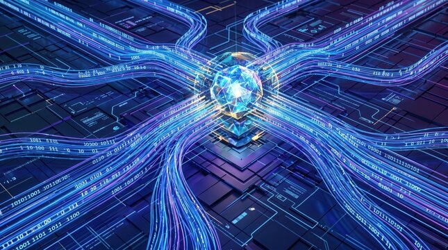 Abstract futuristic digital background with glowing blue data streams flowing into central processor core, artificial intelligence network connection