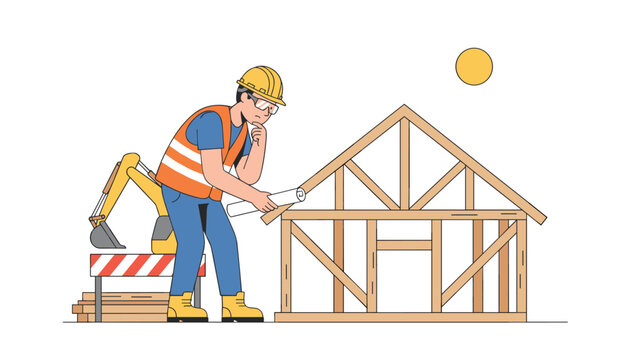Builder wearing a yellow protective helmet and high-visibility vest examines blueprints next to a wooden house frame and a mini excavator at a building location.
