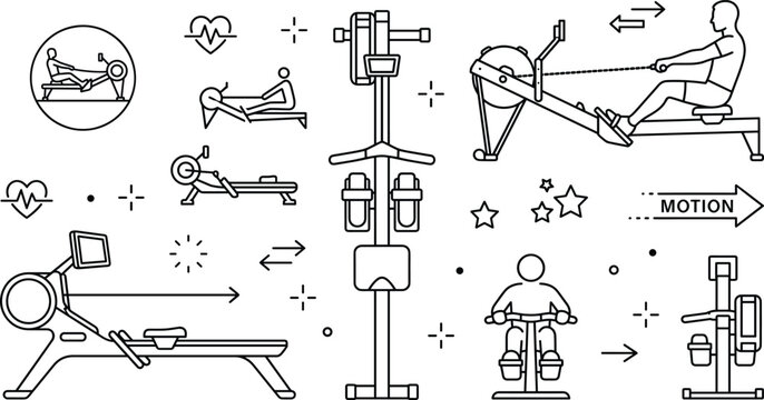 Rowing machine and indoor cardio gym equipment line icon set with athlete workouts and fitness vectors