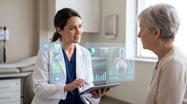 Doctor consulting with senior female patient using tablet and holographic medical data, healthcare communication concept, geriatric care, medical advice