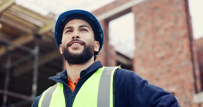 Architect, man and smile with site inspection for compliance, progress and building approval. Construction, happy person and property evaluation for defect management, quality assurance or low angle