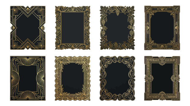 Elegant collection of golden art deco vector frames featuring intricate geometric and vintage floral patterns