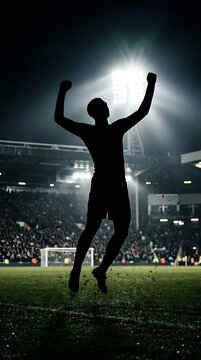 Soccer player celebrates goal at nighttime stadium with audience