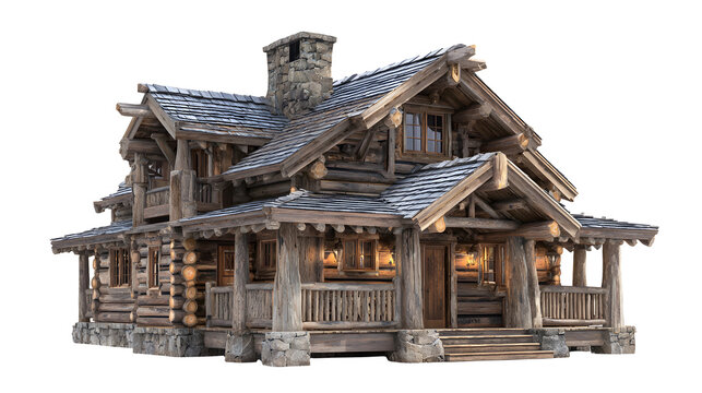 Classic rustic log cabin with intricate wooden beams and architectural details, cozy wilderness home model, clean white background
