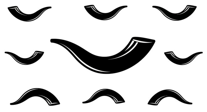 Set of black and white vector illustrations of Shofar horns for Rosh Hashanah.