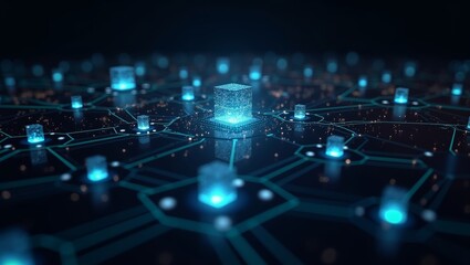 Fototapeta premium Digital network visualization with glowing blue nodes and interconnected lines representing data flow and connectivity in a futuristic technology environment