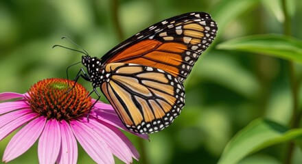 Obraz premium Monarch butterfly on pink flower with vibrant colors and intricate patterns in natural setting. Butterfly features striking orange and black wings, resting on echinacea bloom.
