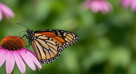 Fototapeta premium Monarch butterfly on pink flower in vibrant garden with colorful blooms, showcasing beauty of nature. Monarch butterfly interacts with echinacea petals, capturing tranquility and essence of spring.