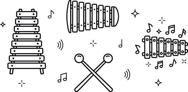 Xylophone Musical Instrument Icon Set with Mallets and Notes for Education Concert or Playful Designs