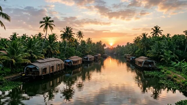 golden sunrise over alleppey backwaters kerala india waterways video
