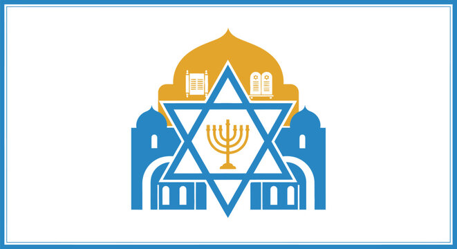 Graphic illustration of Jewish symbols featuring a Star of David with a Menorah inside a synagogue structure.