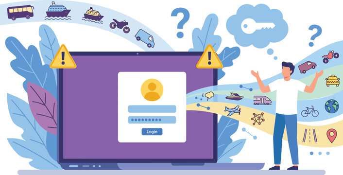 Confused user trying to solve CAPTCHA verification with transport icons to log into account vector illustration