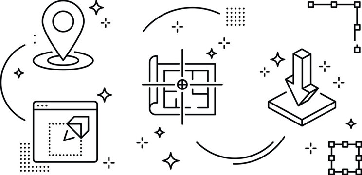 Blueprint Architecture Icon Set with Location Pin Map Layout and Digital Download Interface Vector Elements