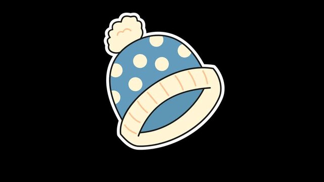 Seamless looping animation of a bouncing blue and cream beanie cap for winter fashion seasonal concepts. Flat style sticker design element isolated on transparent alpha channel background