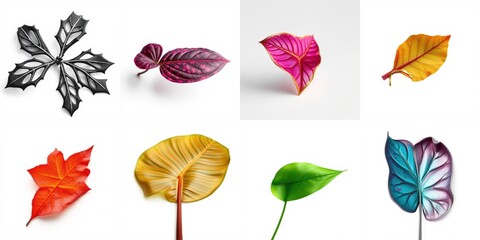Fototapeta premium Colorful leaves displayed. Variety exists within shapes, sizes, hues. Brightness contrasts against dark background. Botanical illustration.
