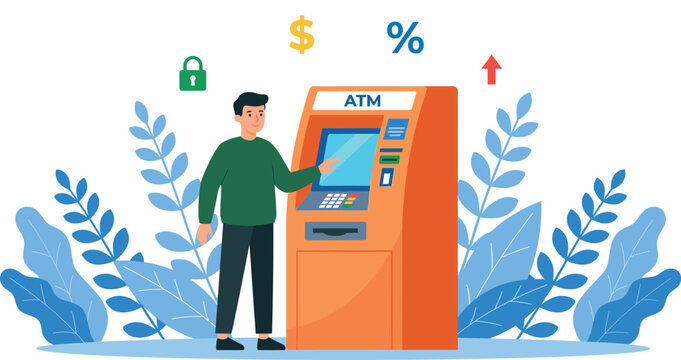 ATM machine banking concept with man using automated teller terminal for cash withdrawal and financial transactions