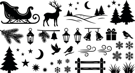 Christmas Winter Silhouette Set with Sleigh Reindeer Trees © MD ASADUZZAMAN
