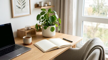 Fototapeta premium Modern Minimalist Home Office Workspace with Pilea Plant and Laptop