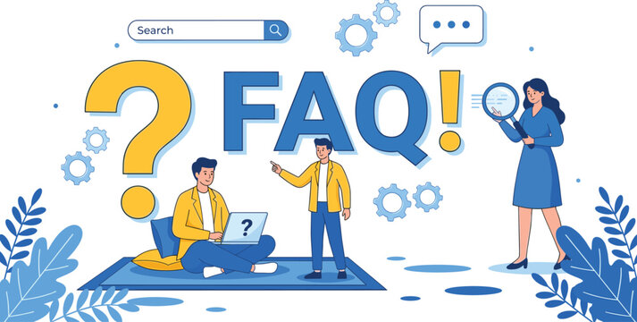 FAQ concept illustration with people searching for information online for customer service and help center support