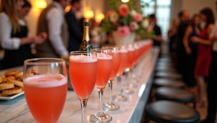 Obraz premium Elegant cocktail bar setup featuring multiple glasses of pink champagne on a marble countertop with guests mingling in the background and floral arrangements visible