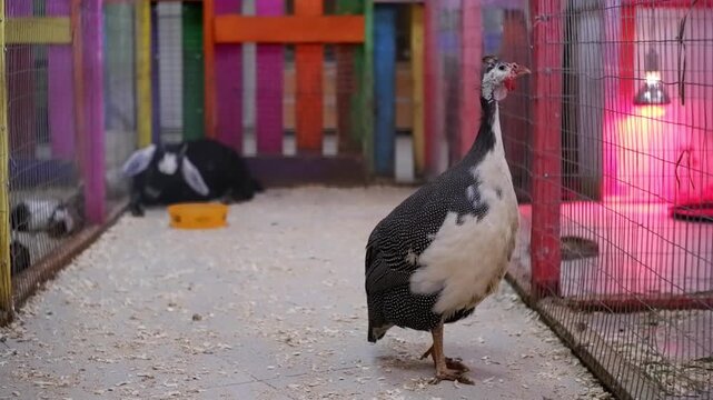 Helmeted guineafowl walking inside a colorful enclosure with a goat lying in the background