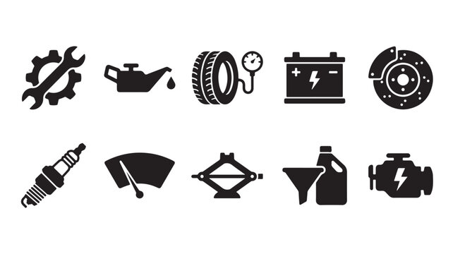 Black car repair, automotive service icons, 10 symbols, EPS vector graphics