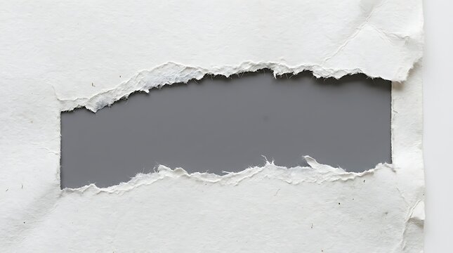 Torn white paper with jagged edges revealing a gray background underneath in closeup view