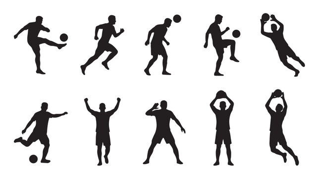 silhouettes of soccer players in various poses, kicking and throwing balls