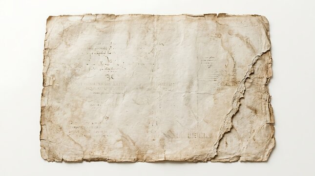 Vintage aged parchment paper with faded handwritten notes and torn edges on white background