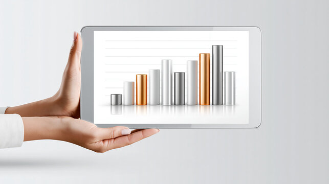 A pair of hands holding a tablet displaying a graph that shows the correlation between interest rates and investment performance, set against a clean background with ample copy space.