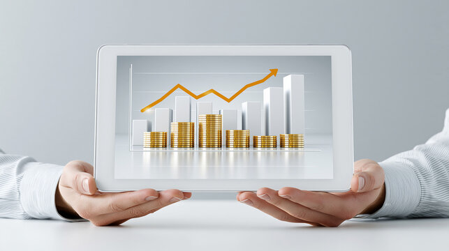 A pair of hands holding a tablet displaying a graph that shows the correlation between interest rates and investment performance, set against a clean background with ample copy space.