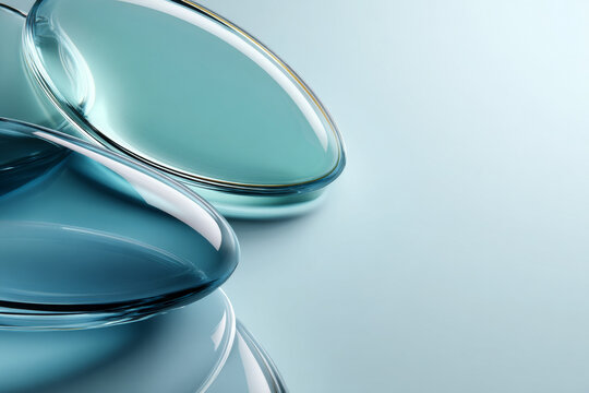 Close-up view of three transparent glass lenses in varying shades of blue, reflecting light against a soft blue background, showcasing their smooth surfaces and contours