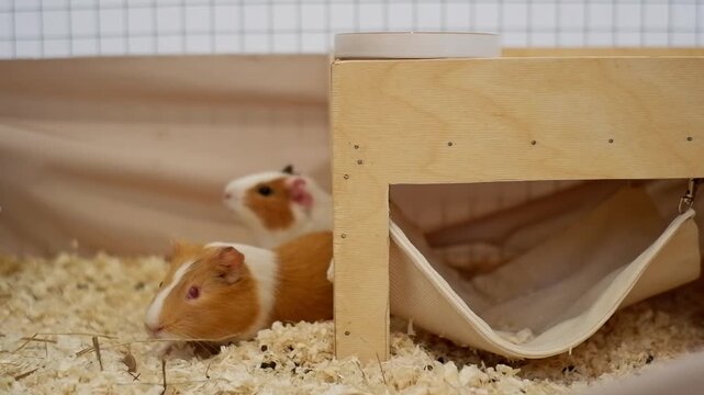 Owner's hand feeding a treat to cute guinea pigs resting on wood shavings in a cozy enclosure