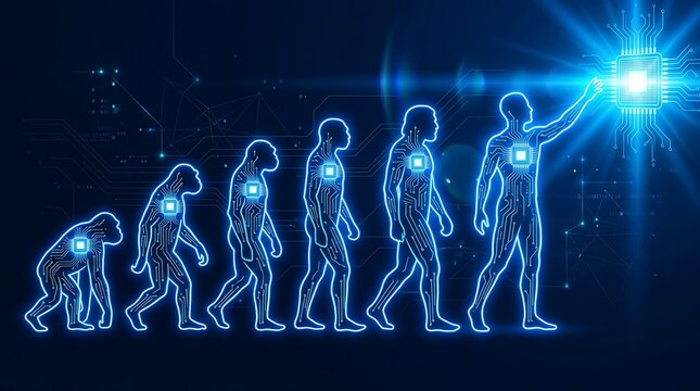 Digital human evolution progressing through neon circuitry for technology innovation marketing
