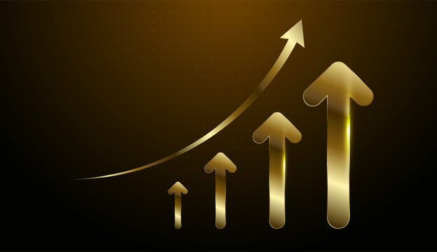Golden upward trending arrows illustrating exponential growth and success in business presentations and financial reports