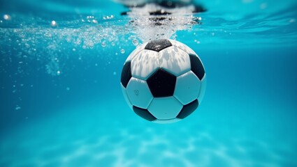 Naklejka premium Soccer ball submerged in clear blue water, with bubbles rising around it, showcasing the ball's black and white pattern against the vibrant aquatic background