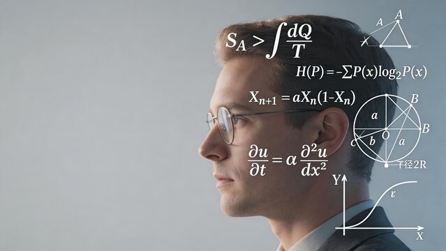 Profile portrait of young intelligent man wearing glasses thinking deeply with mathematical formulas, geometry shapes and physics equations floating around head, representing