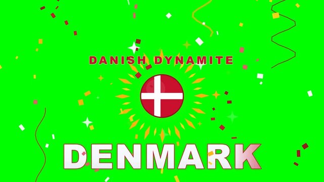 4K green screen Denmark football celebration with Dannebrog red disc and white Nordic cross, DANISH DYNAMITE and DENMARK wordmarks, confetti, chroma key sports overlay loop