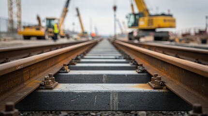 Fototapeta premium A close-up view of railway tracks, showcasing metal rails and bolts, with construction machinery visible in the background under a cloudy sky.
