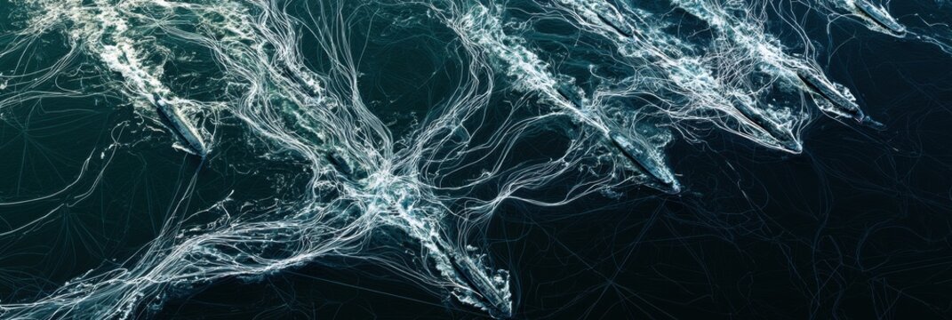 Dark ocean chart shows ships navigating autonomously, plotting courses while avoiding obstacles in a complex routing scenario over time.