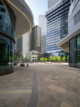 Empty plaza at the modern Four Towers building complex in Frankfurt