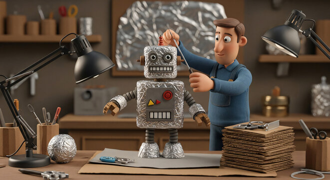 Man Constructing Recycled Foil Robot in Claymation Workshop Scene