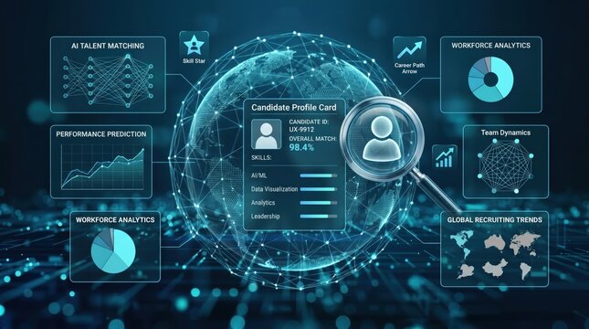 AI recruitment analytics dashboard with candidate profile, global hiring trends, and workforce data visualization for modern HR technology solutions