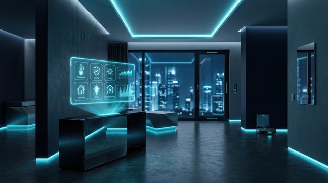 Modern interior design with holographic interface and city view at night